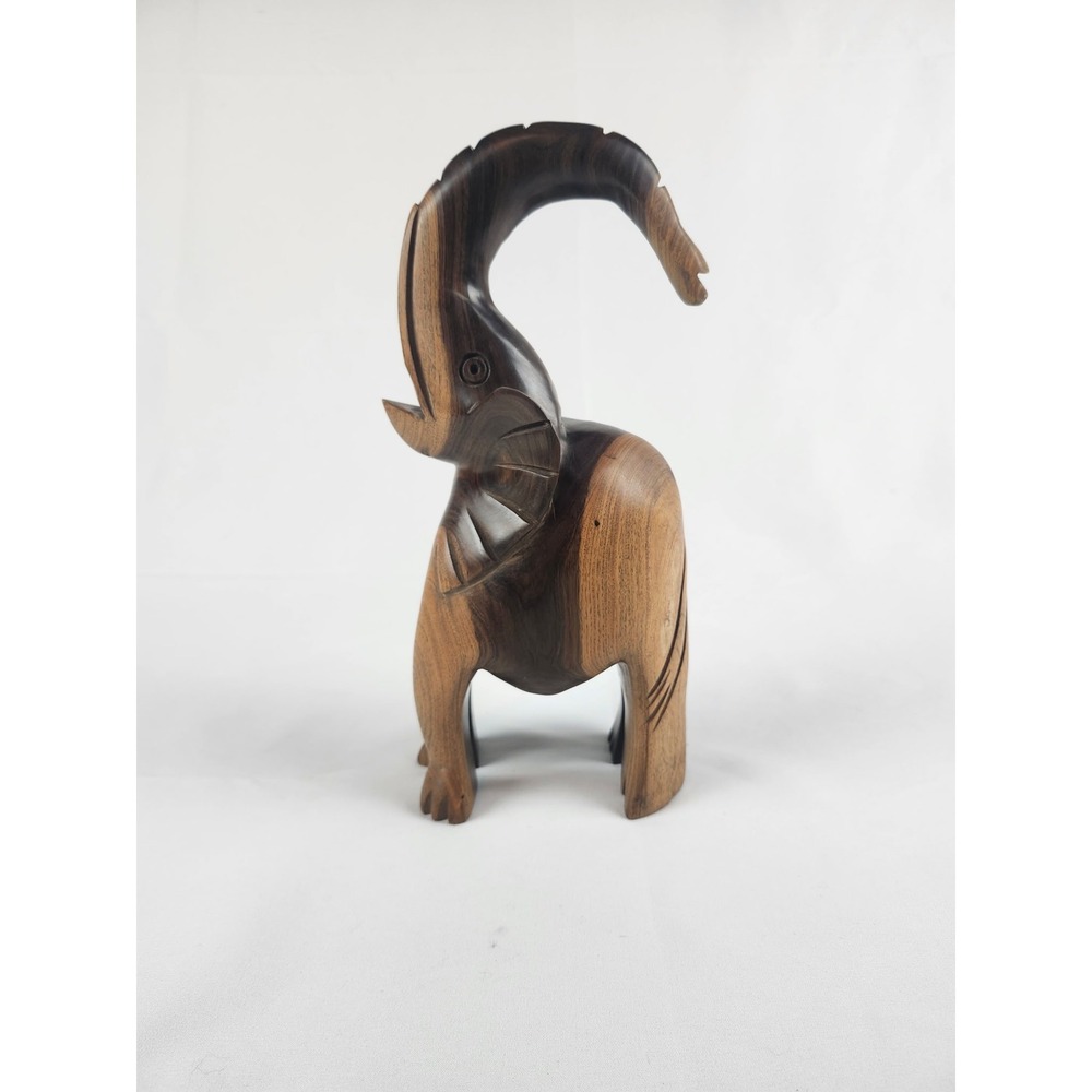 Hand Carved‎ Wood Elephant Sculpture Figurine Trunk Up Safari Decor Large 11"
